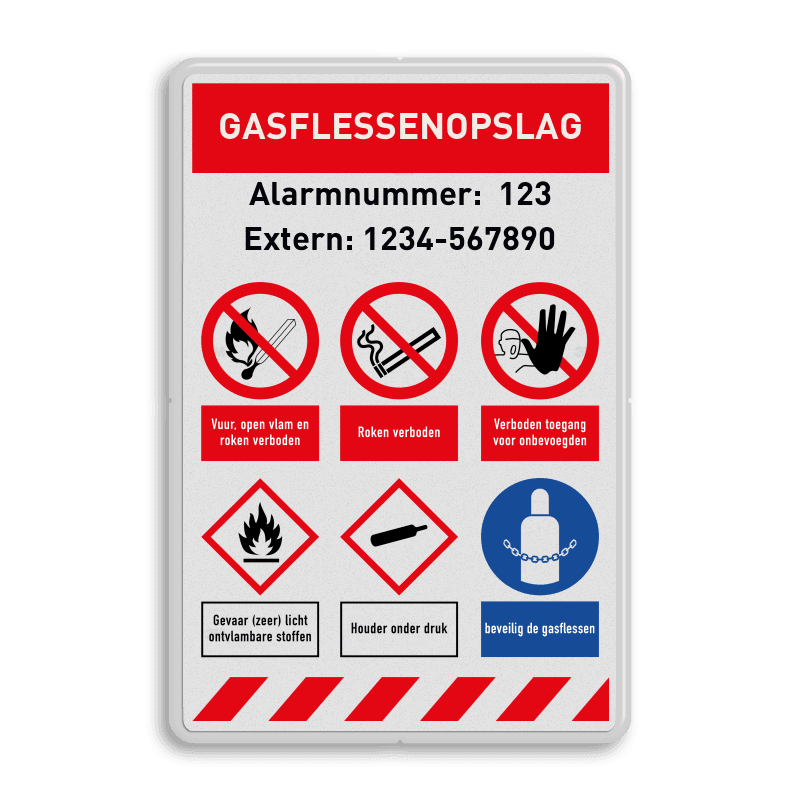 Veiligheidsbord Gasflessenopslag met diverse veiligheidspictogrammen
