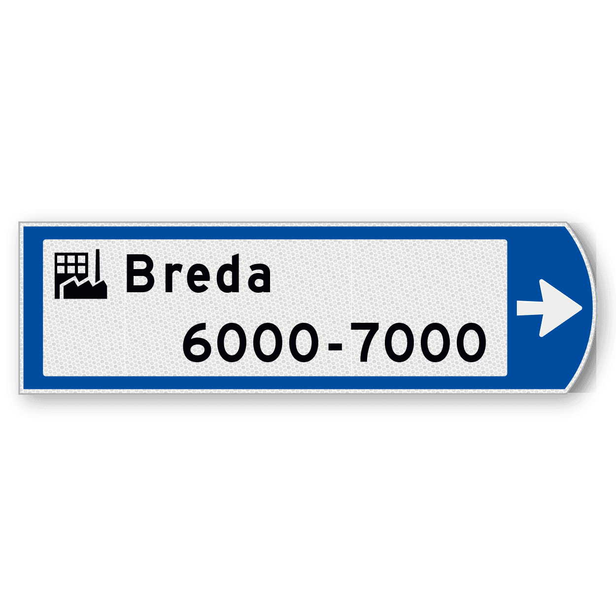 Handwegwijzer klein rechtswijzend met pictogram bovenin en 2 regelige zwarte tekst 990x295mm