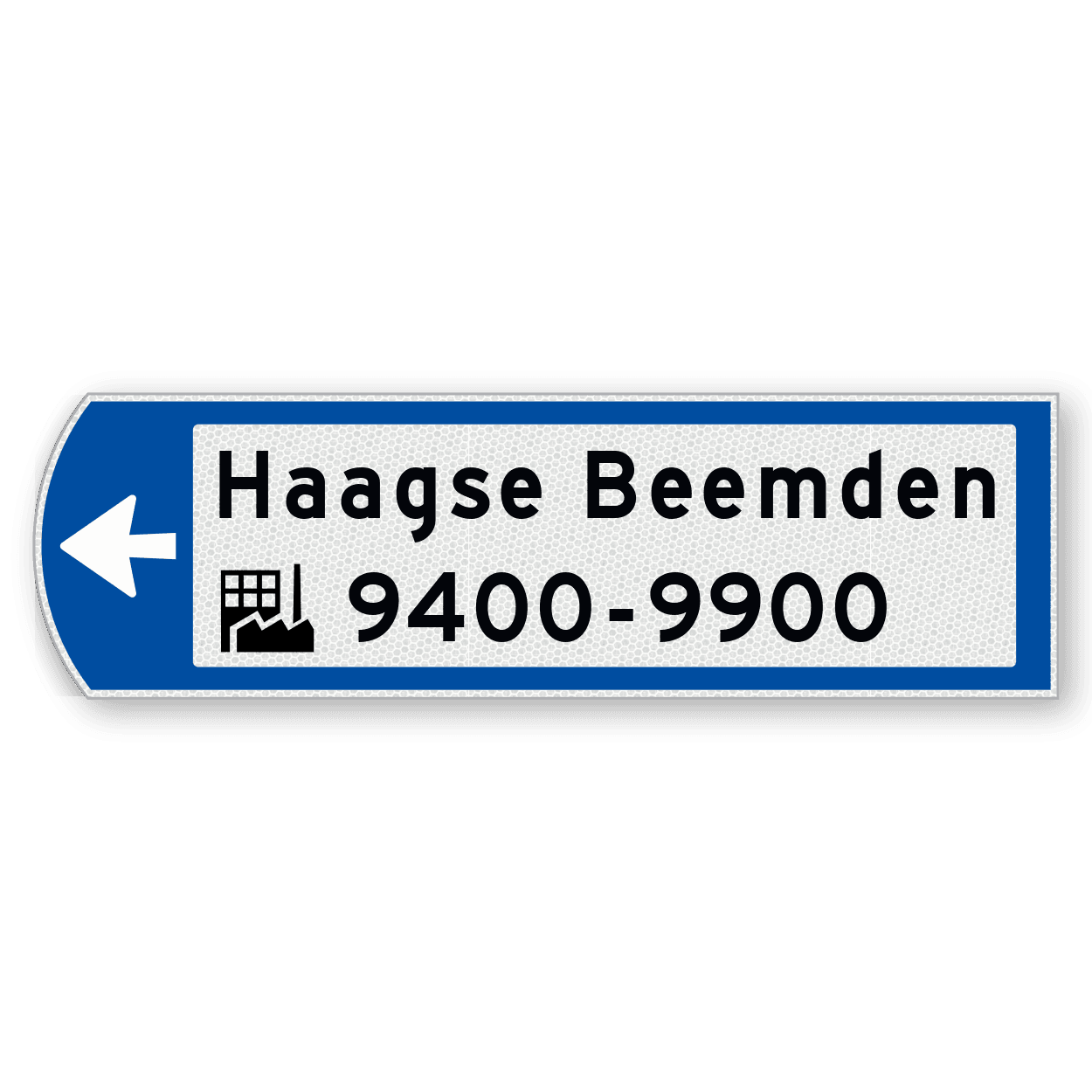 Handwegwijzer klein linkswijzend met pictogram onderin en zwarte tekst 990x295mm