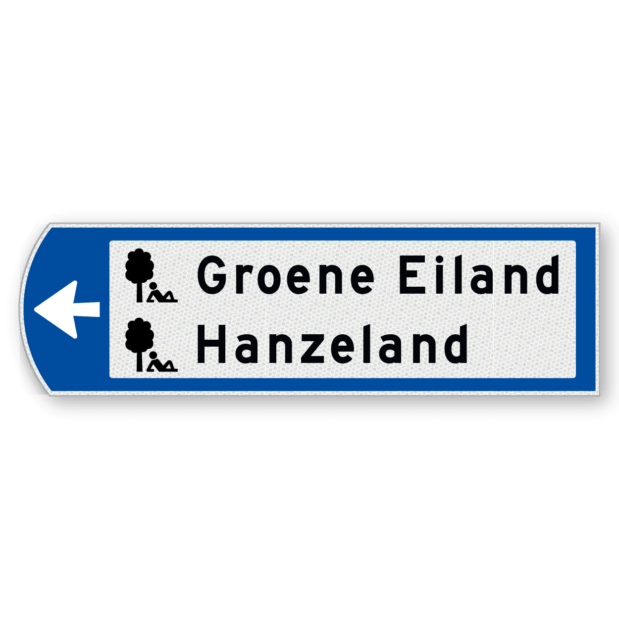 Handwegwijzer klein linkswijzend met 2 pictogrammen en zwarte tekst 990x295mm