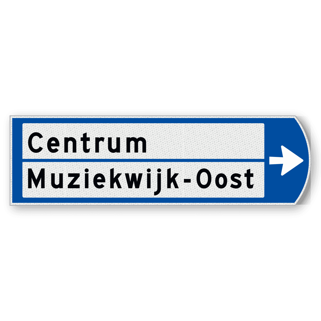 Handwegwijzer klein rechtswijzend met 2 witte vlakken en zwarte tekst 990x295mm