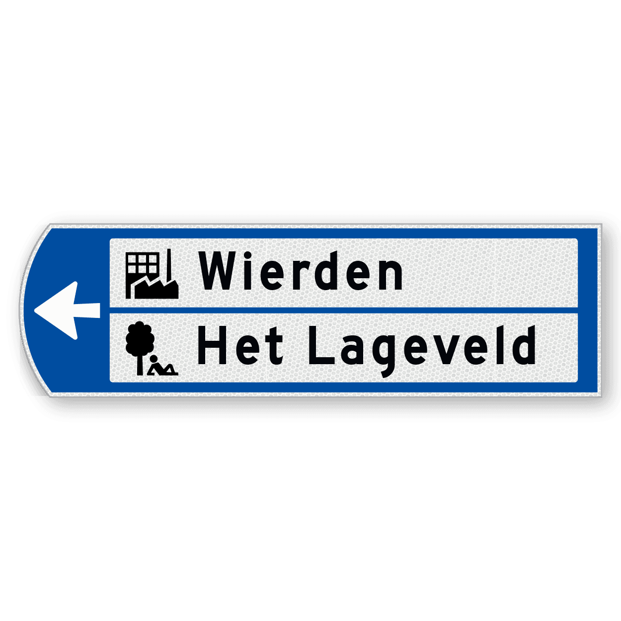 Handwegwijzer klein linkswijzend met 2 witte vlakken, met 2 pictogrammen en zwarte tekst 990x295mm
