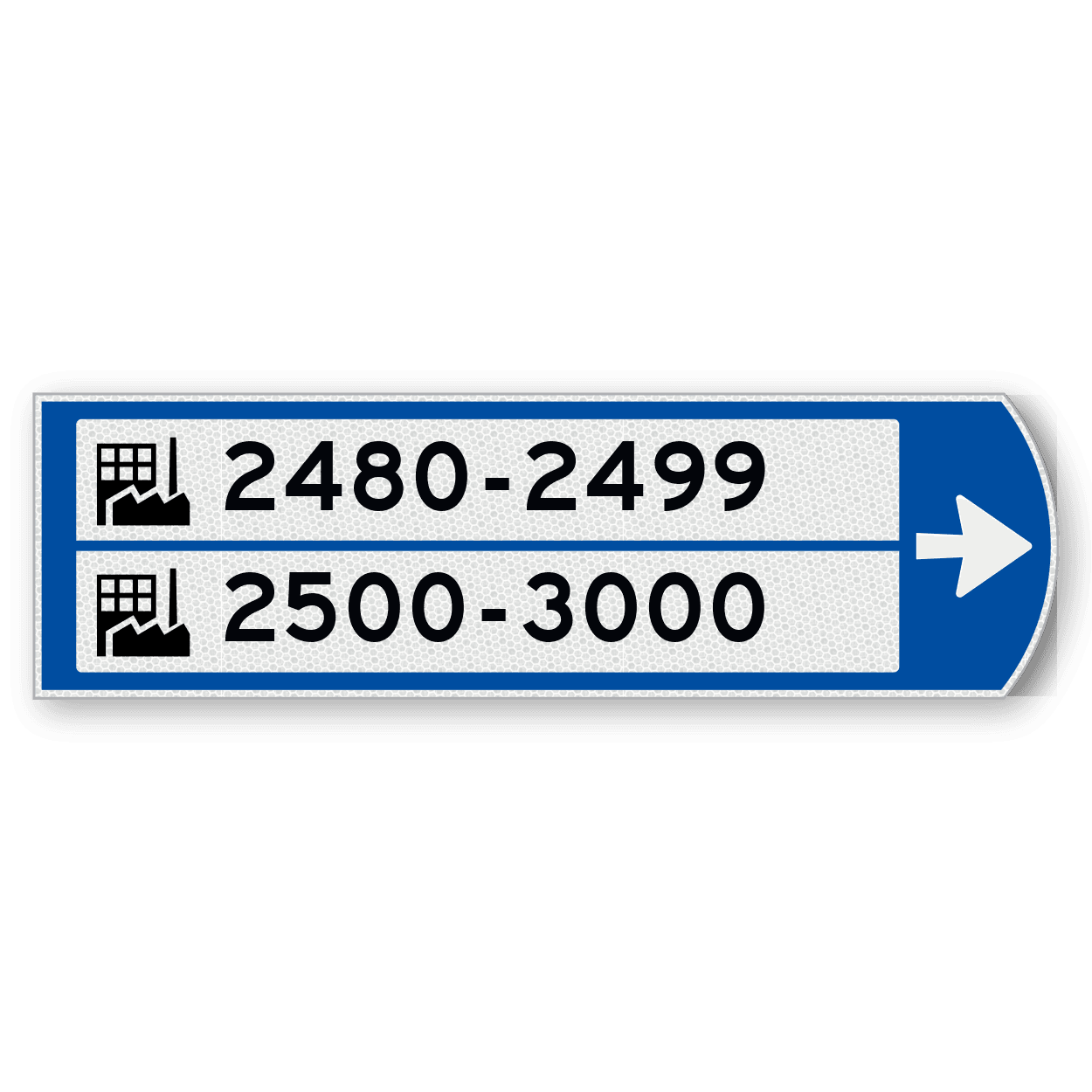 Handwegwijzer klein rechtswijzend met 2 witte vlakken, met 2 pictogrammen en zwarte tekst 990x295mm