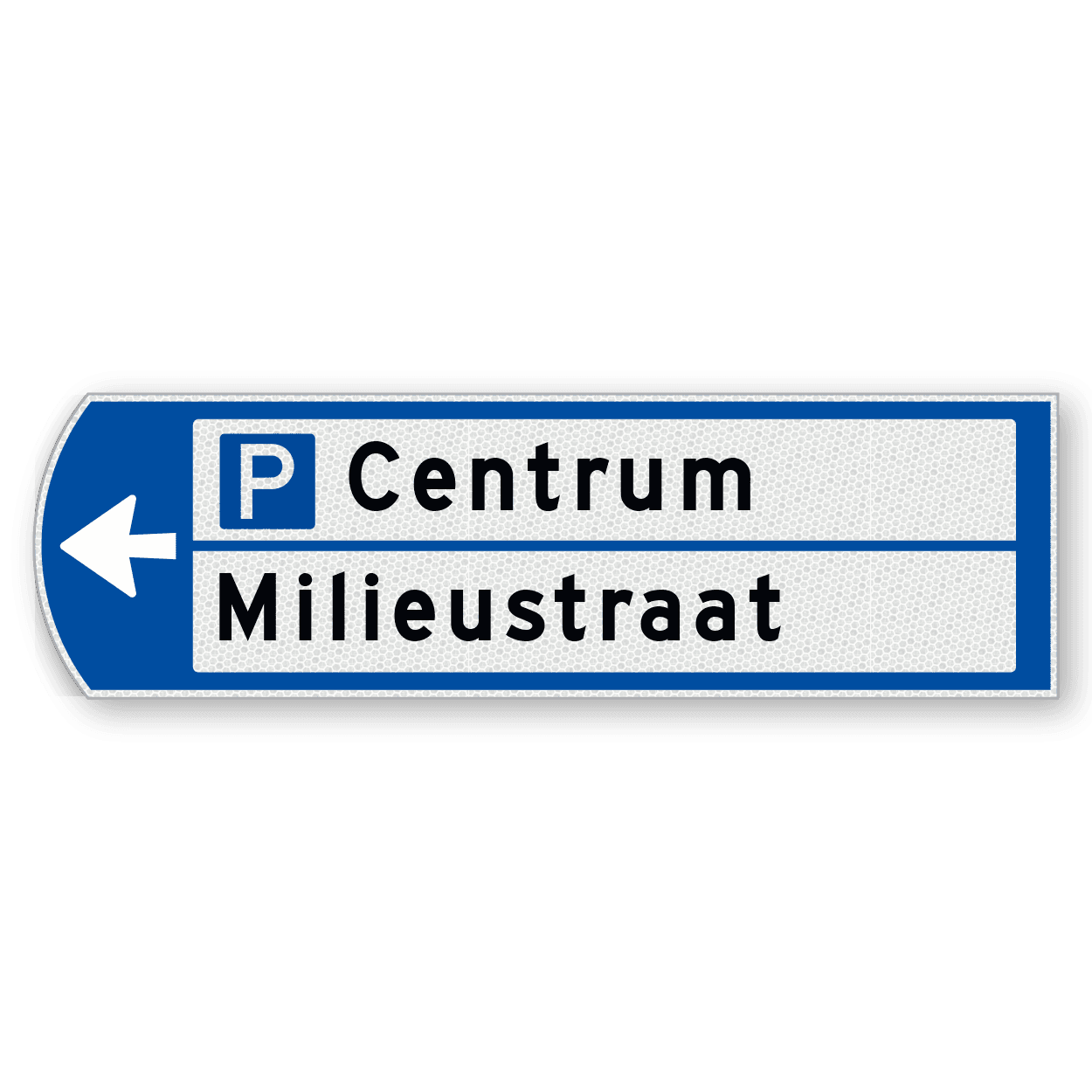 Handwegwijzer klein linkswijzend met 2 witte vlakken, pictogram bovenin zwarte tekst 990x295mm