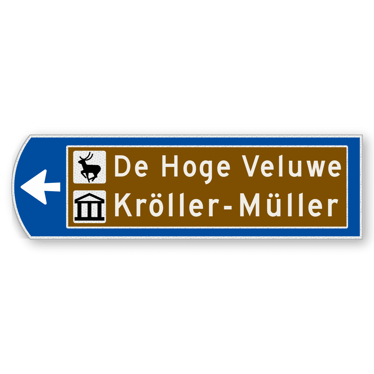Handwegwijzer klein linkswijzend met bruin veld met 2 pictogrammen en tekst 990x295