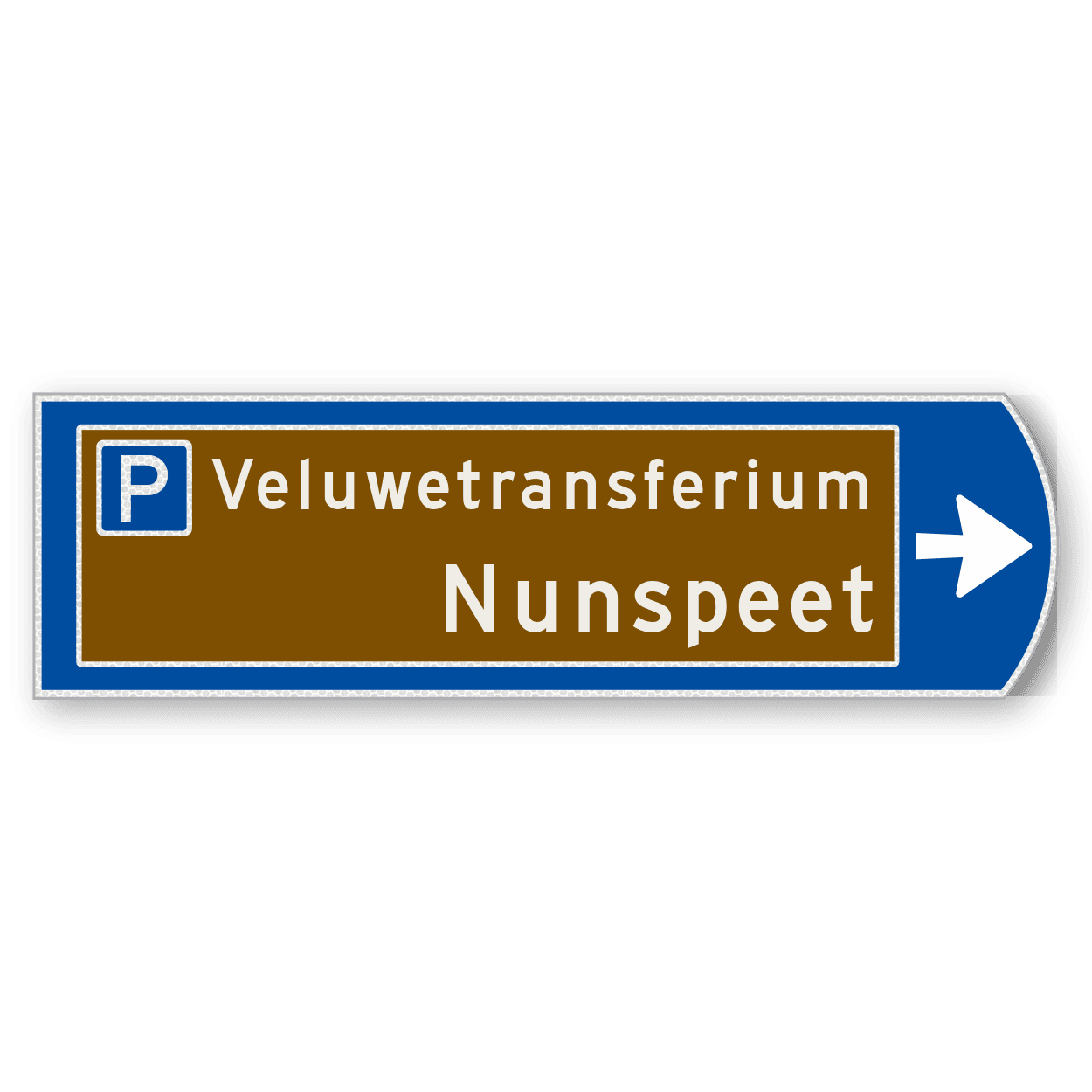 Handwegwijzer klein rechtswijzend met bruin veld met 2 regelige tekst 990x295
