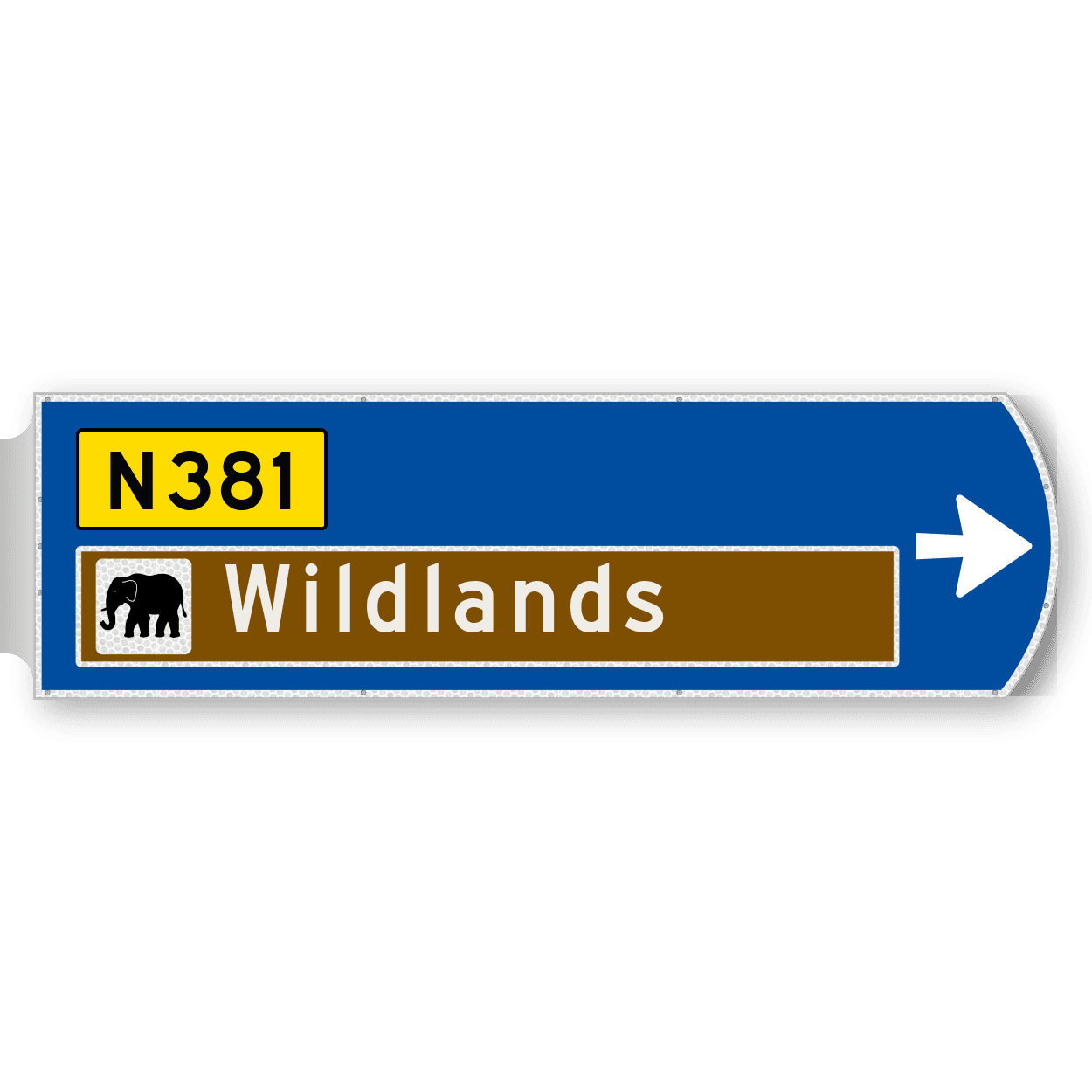 Handwegwijzer groot rechtswijzend met autowegnummer en met picto toeristisch 1623x481mm