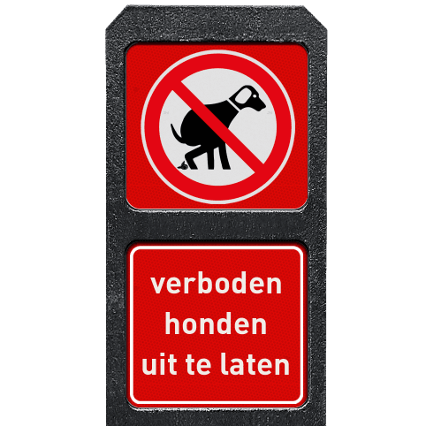 Verzwaarde bermpaal met twee bordjes verboden honden uit te laten