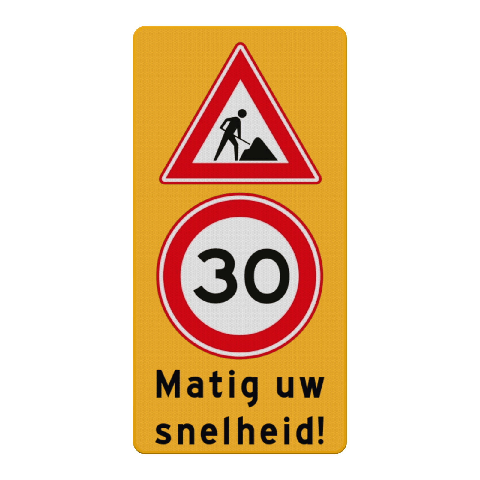 Verkeersbord matig uw snelheid werk in uitvoering - reflecterend