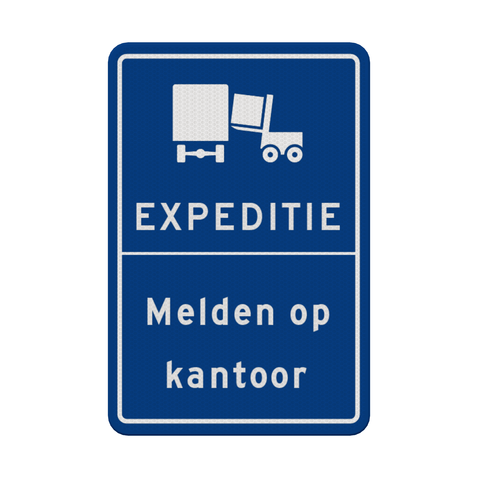 Verkeersbord expeditie melden op kantoor met pictogram blauw/wit - reflecterend