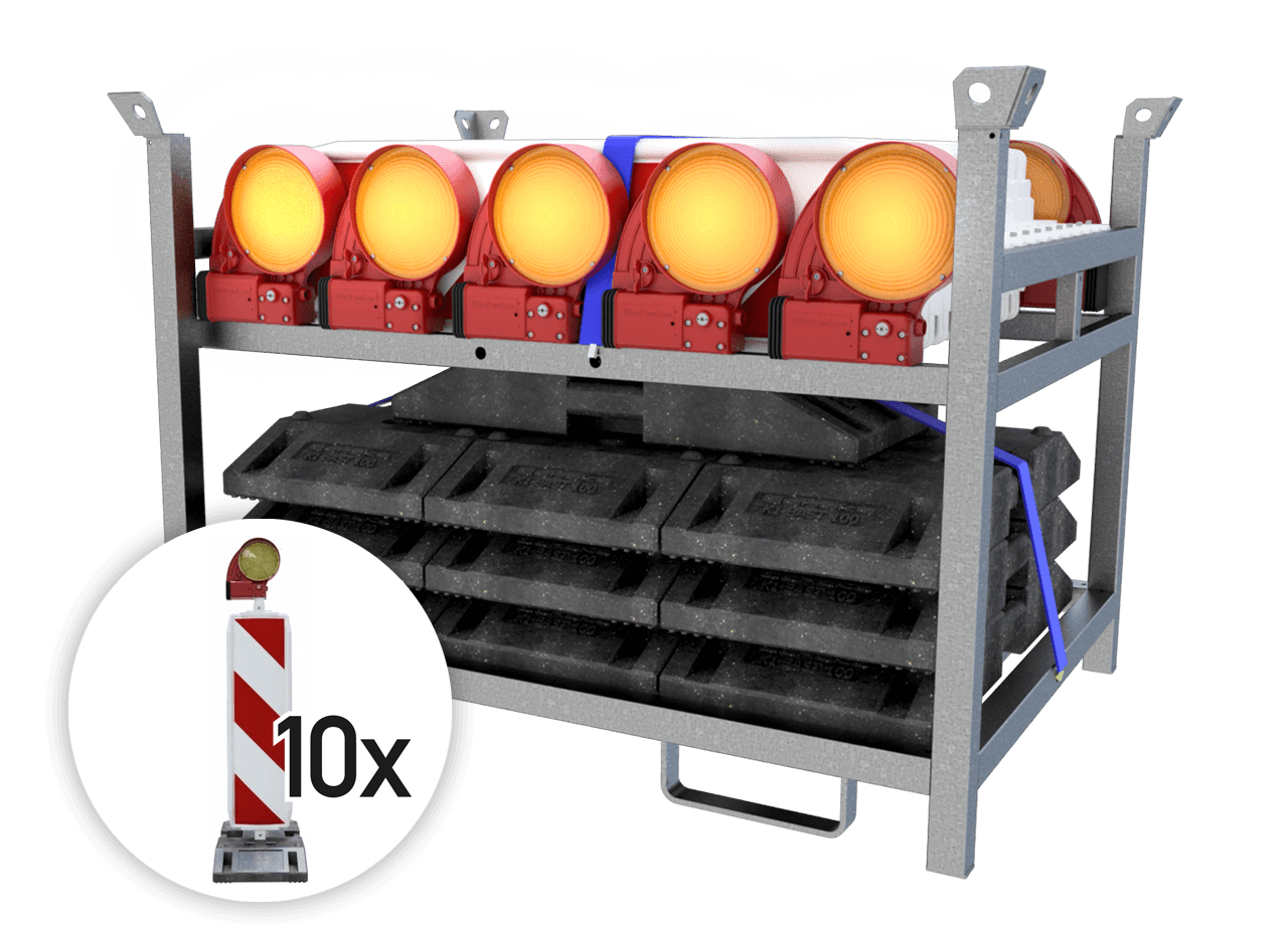 Leitbaken 2-seitig RA1 (set 10 stück) mit Fußplatten, Lampen und Lager- und Transportpalette