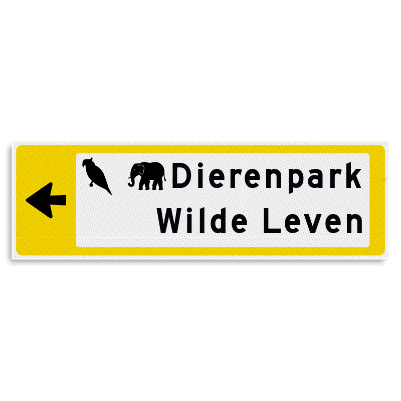 Verwijsbord KOKER Geel/wit/zwart - pijl links, 2 regelig met 2 pictogrammen - Klasse 3 reflecterend