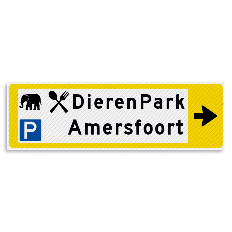 Verwijsbord KOKER Geel/wit/zwart - pijl rechts, 2 regelig met 3 pictogrammen - Klasse 3 reflecterend