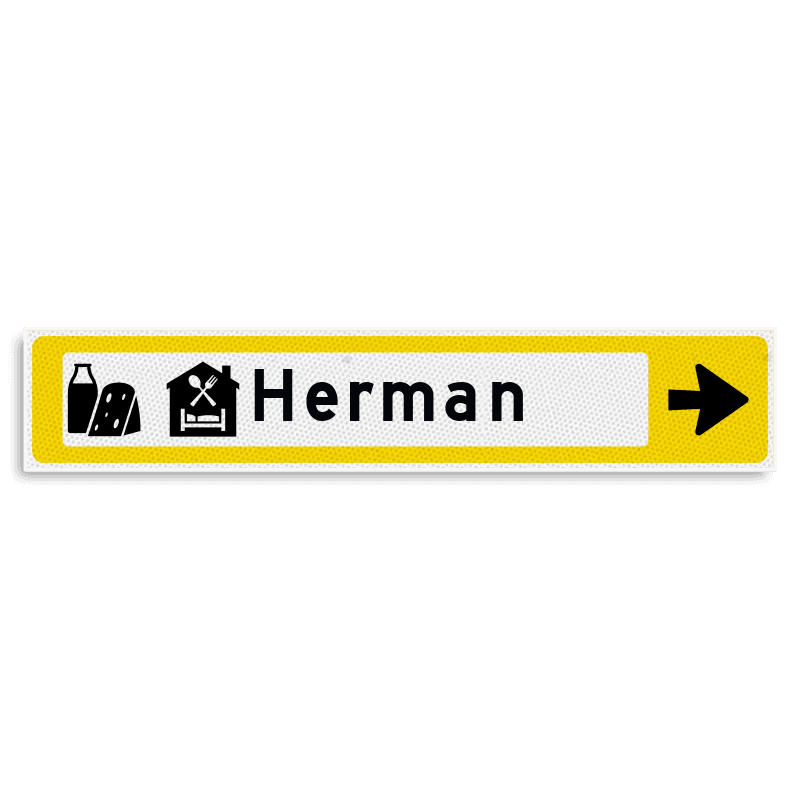 Verwijsbord KOKER Geel/wit/zwart - pijl rechts, met 2 pictogrammen - Klasse 3 reflecterend
