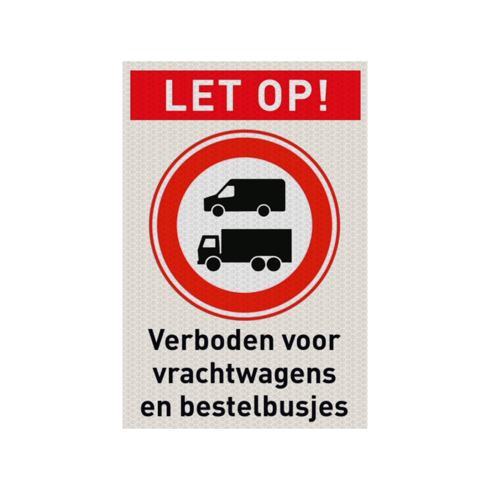 Veiligheidspictogram met tekst verboden voor vrachtwagens en bestelbusjes - reflecterend