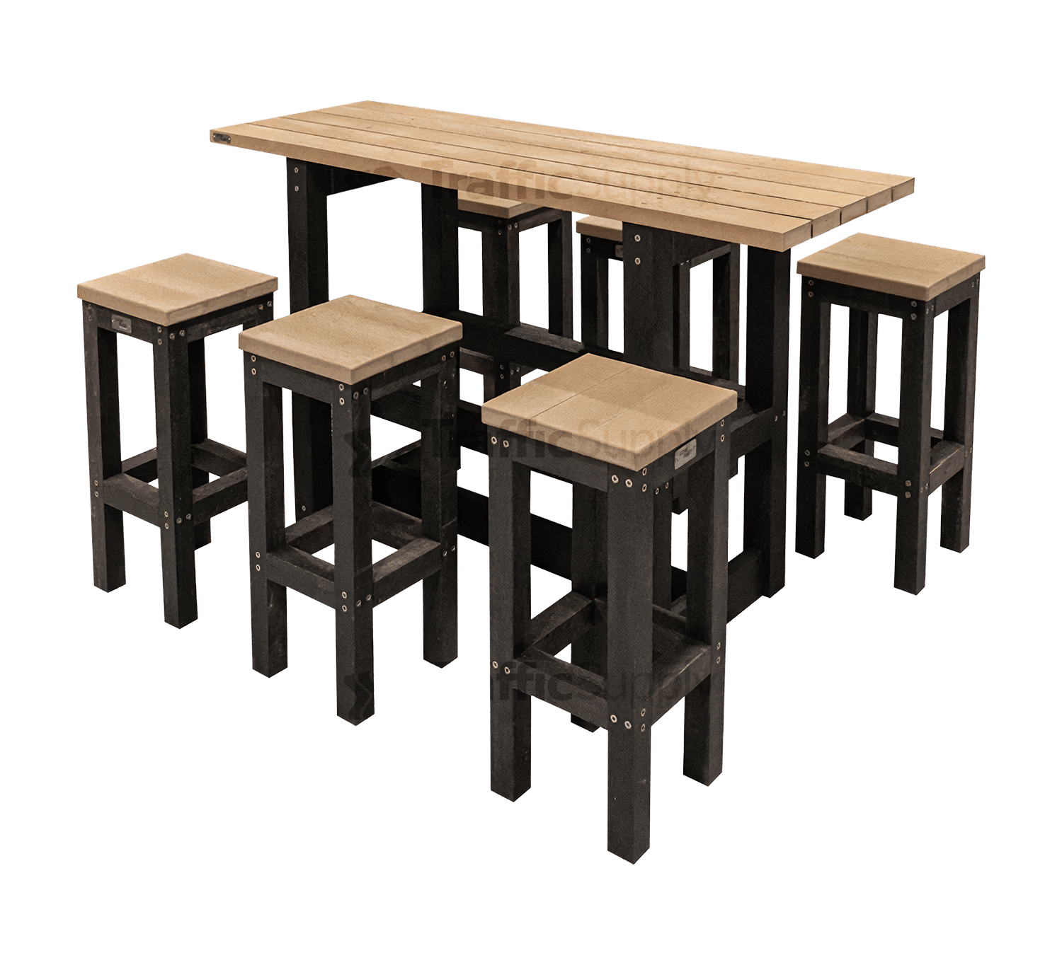 Table haute d'extérieur avec 4, 6 ou 8 tabourets - plastique recyclé