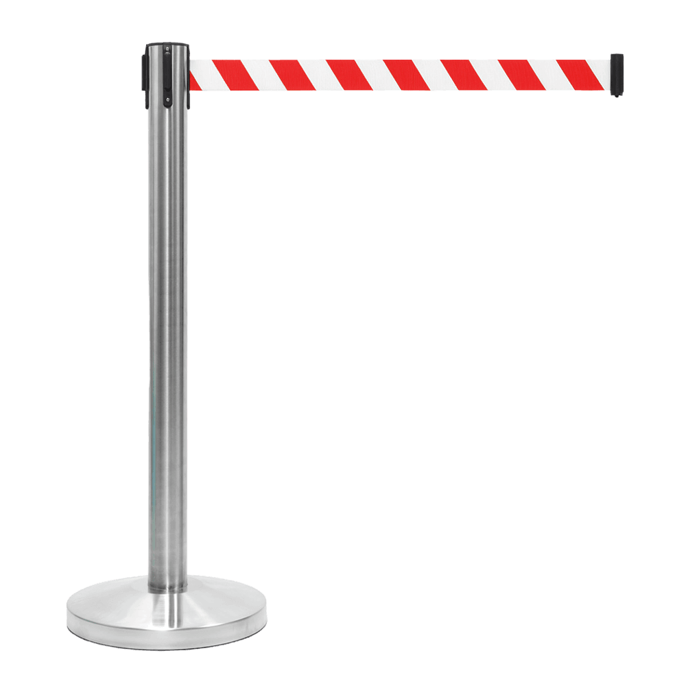Poteau à sangle rétractable inox chromé avec ruban blanc/rouge 2 m