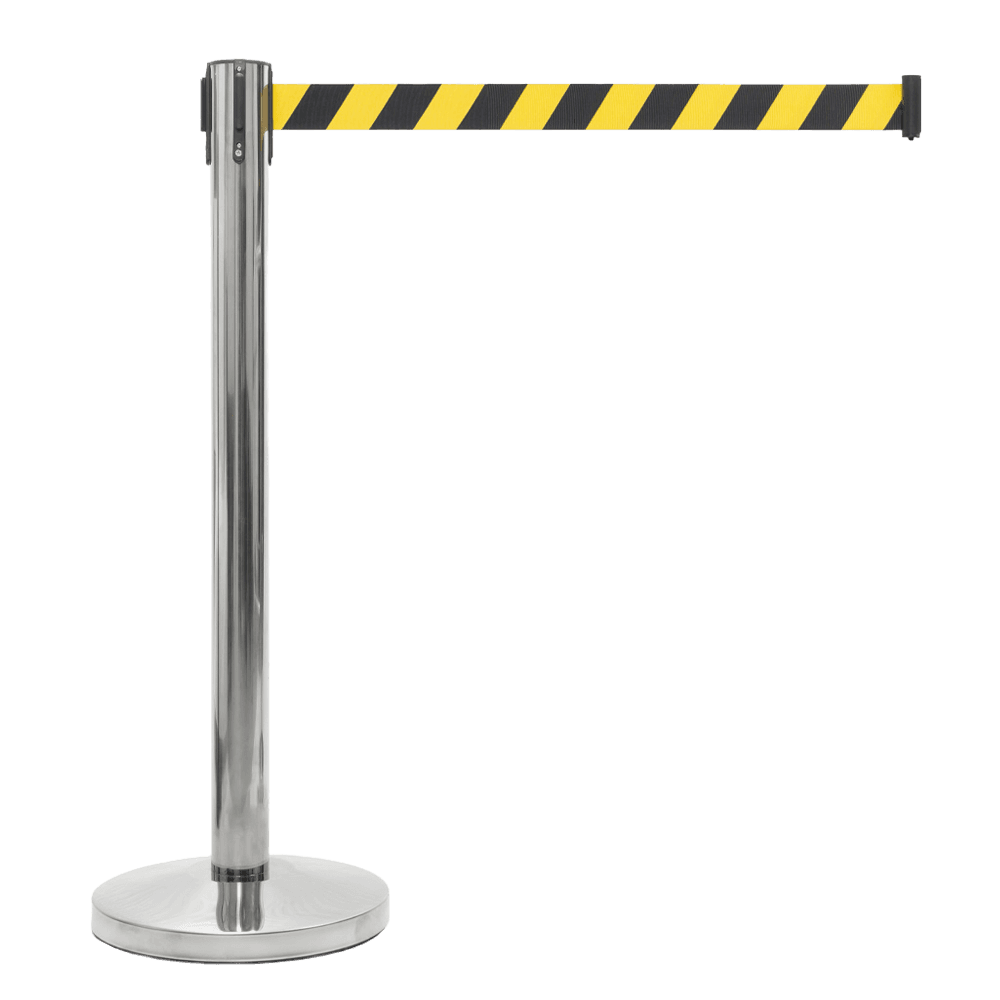 Poteau à sangle rétractable inox chromé avec ruban jaune/noir 2 m