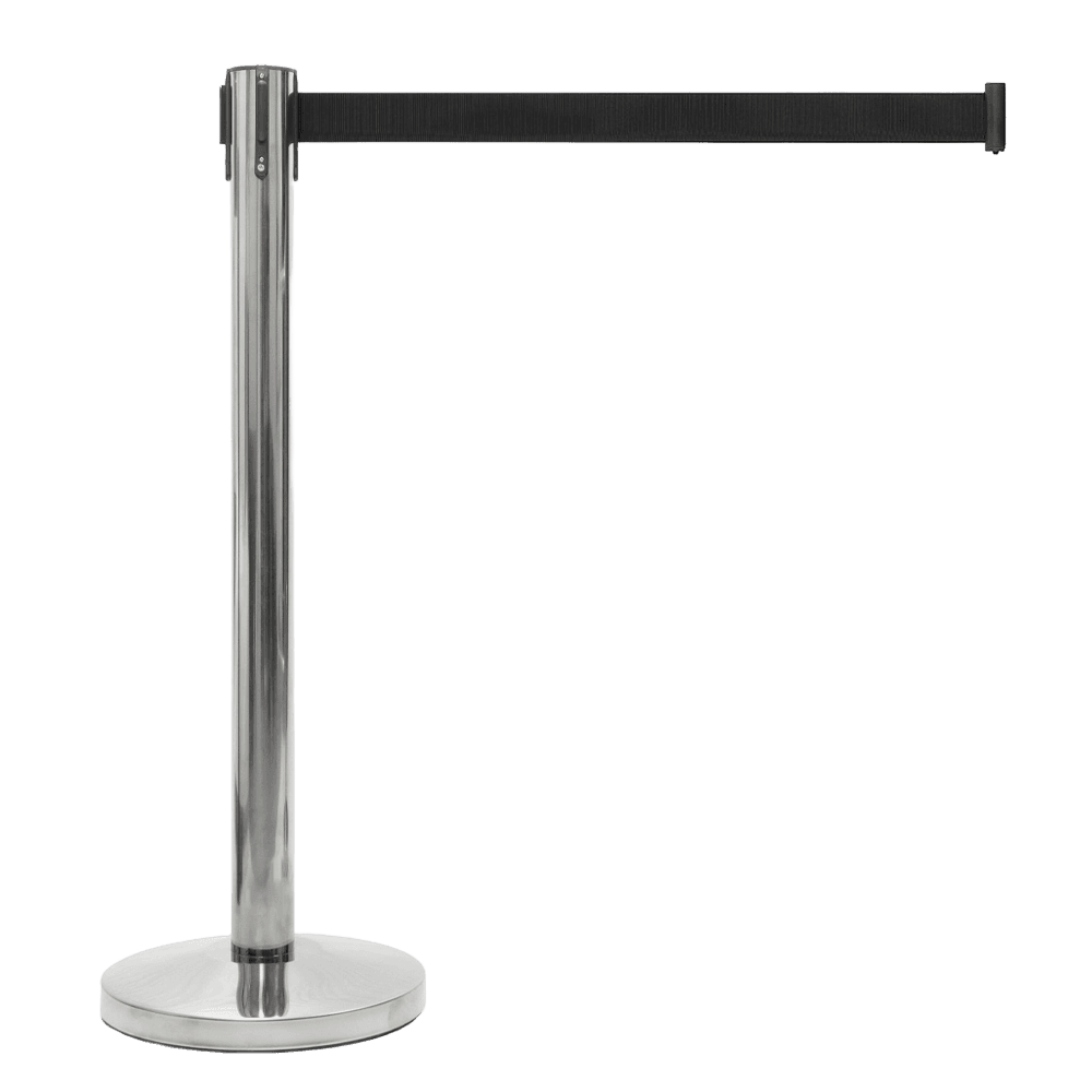 Poteau à sangle rétractable inox chromé avec ruban noir 2 m