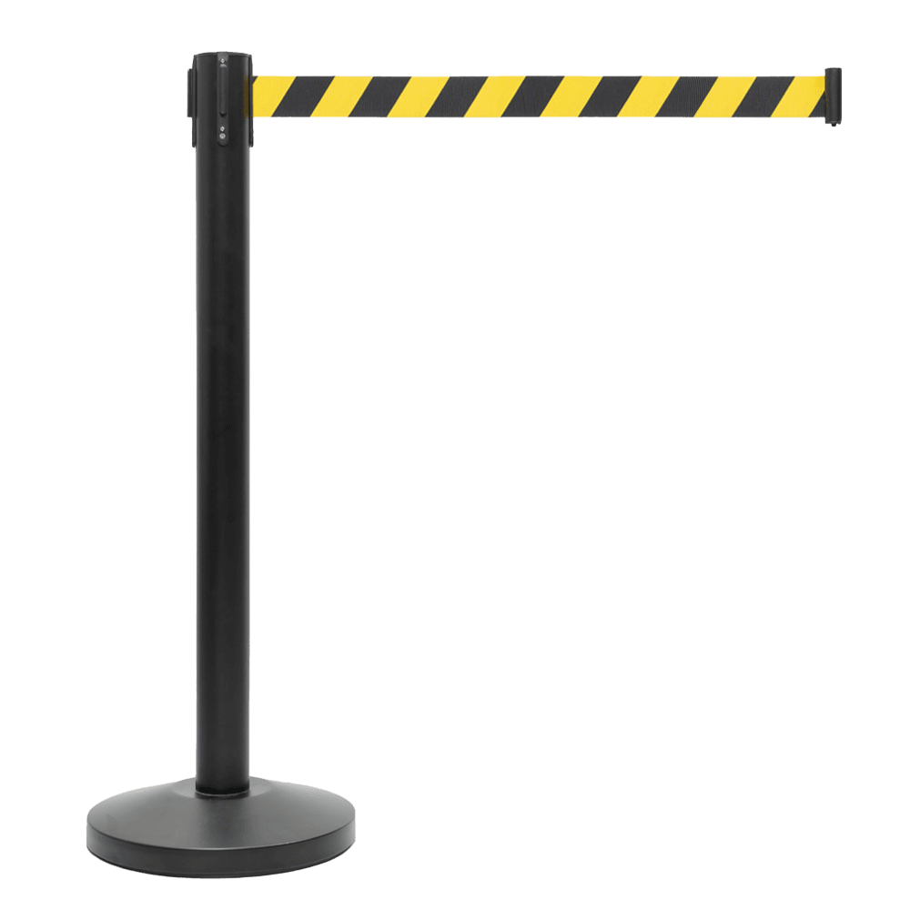 Poteau à sangle rétractable acier noir avec ruban jaune/noir 2 m