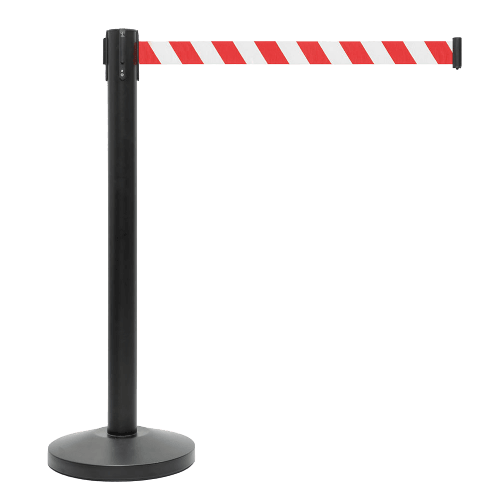Poteau à sangle rétractable acier noir avec ruban blanc/rouge 2 m