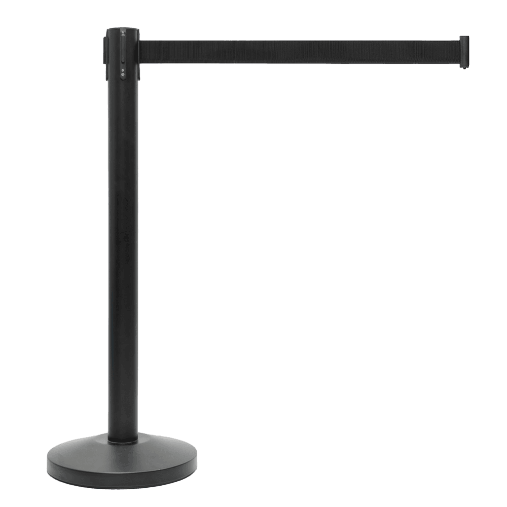 Poteau à sangle rétractable noir mat avec ruban noir 2 mètres
