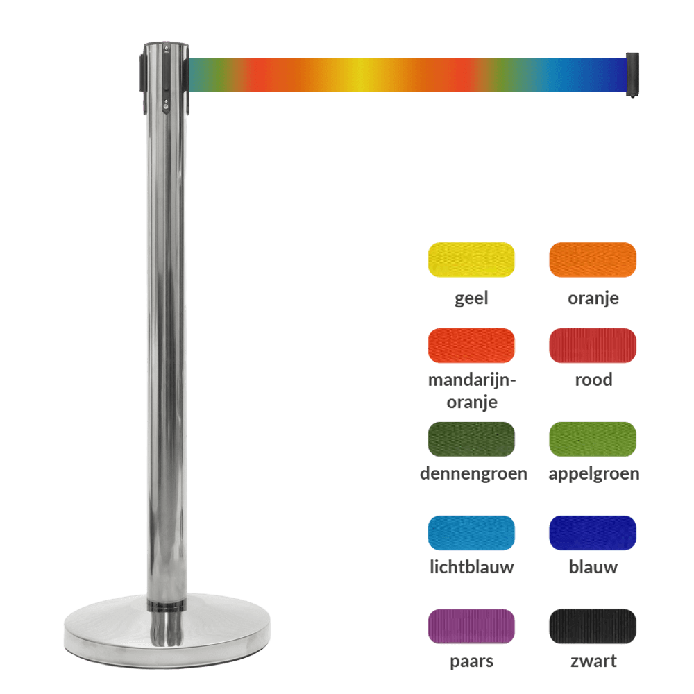 Poteau de balisage en acier inoxydable chromé avec ruban rétractable coloré – 2 mètres
