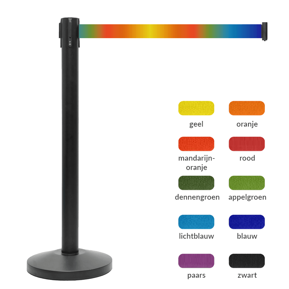 Poteau de balisage noir en acier inoxydable avec ruban rétractable coloré – 2 mètres