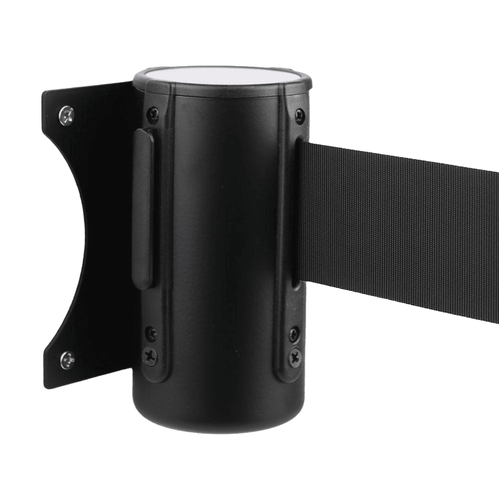 Wandhouder zwart met uittrekbaar lint 2 meter geel/zwart of wit/rood