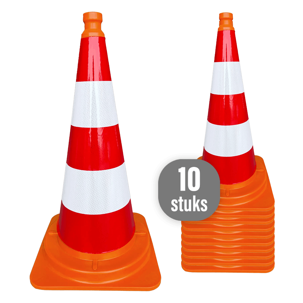 Verkeerskegel 75 cm klasse 3 reflecterend officieel eendelig - set 10 stuks