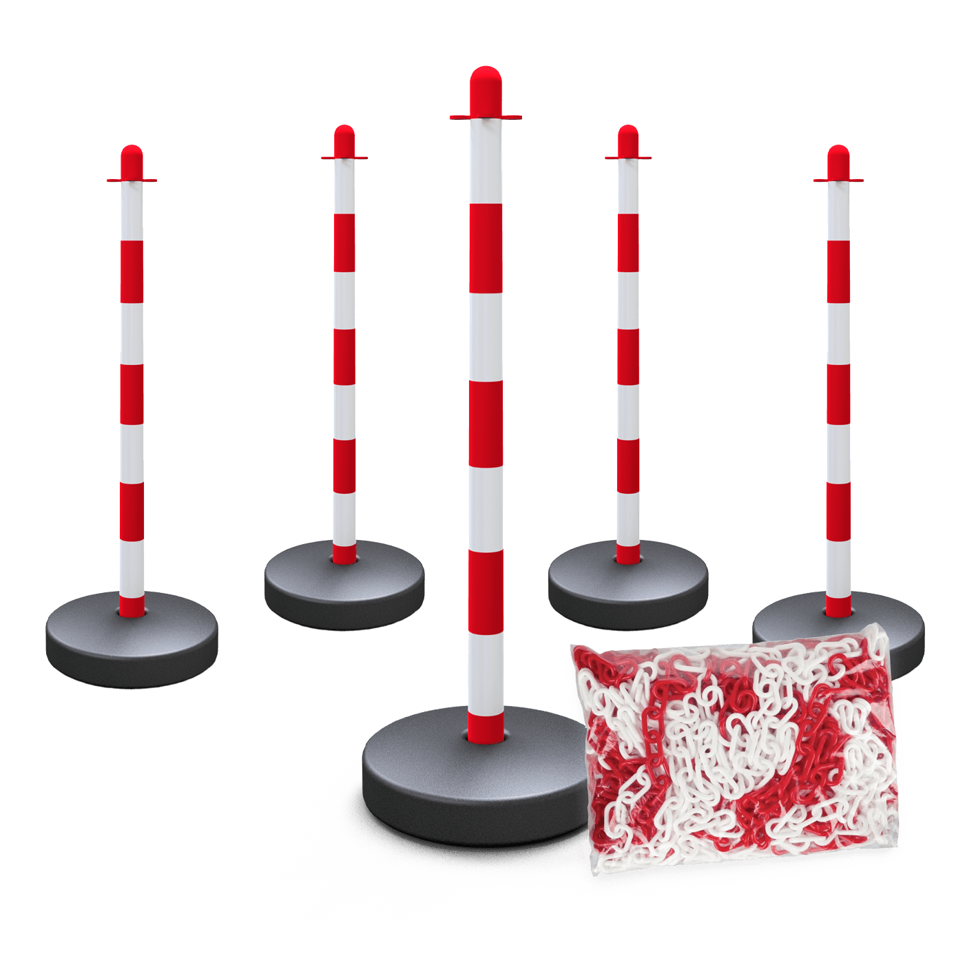 Set afzetpalen kunststof met vulbare voet – 5 stuks + 25 m kunststof ketting
