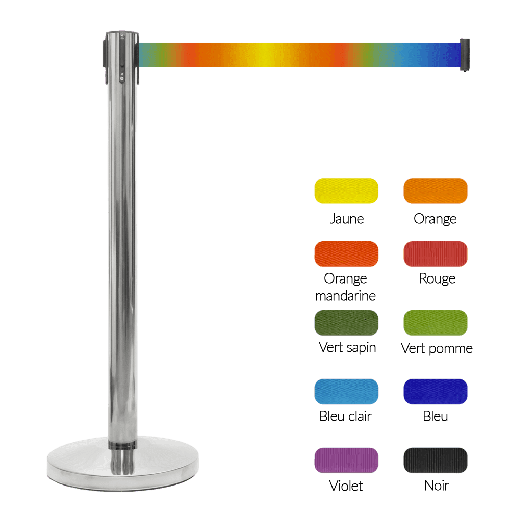 Poteau à sangle rétractable inox chromé avec ruban coloré 2 m