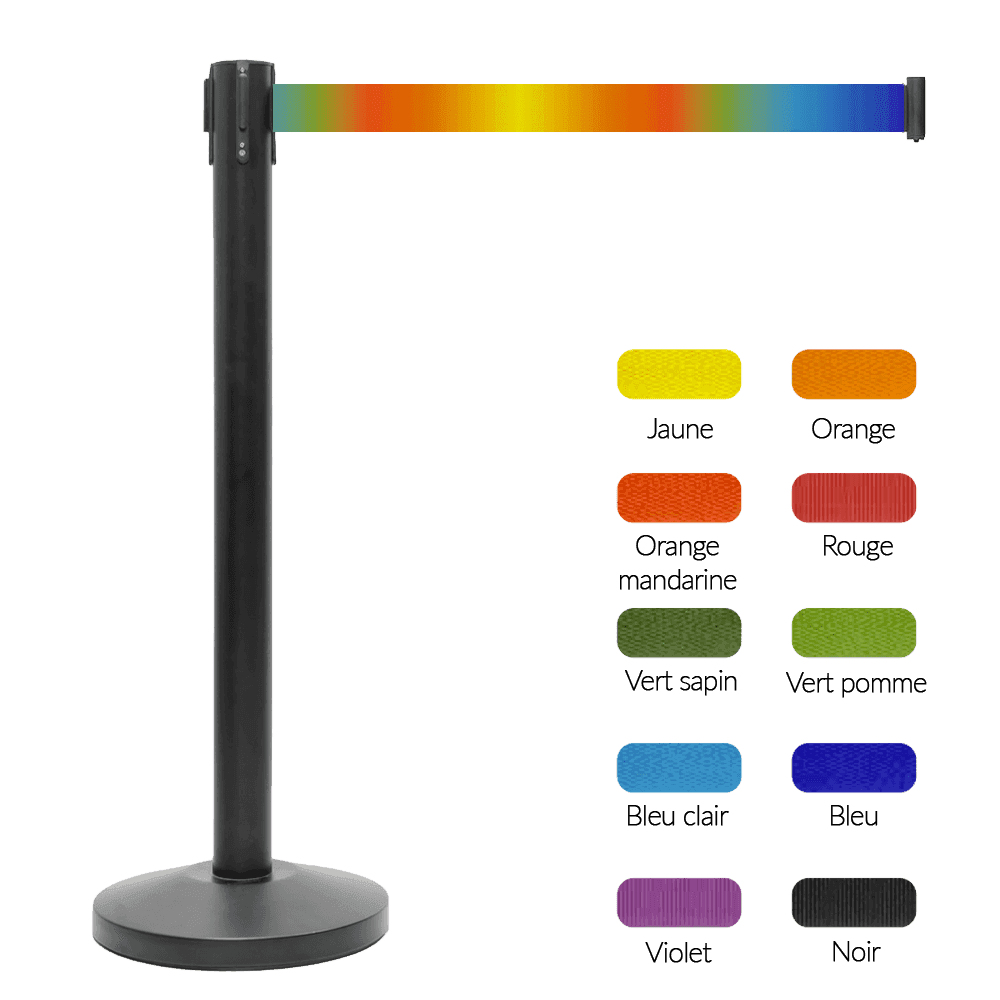 Poteau de balisage noir en acier inoxydable avec ruban rétractable coloré – 2 mètres