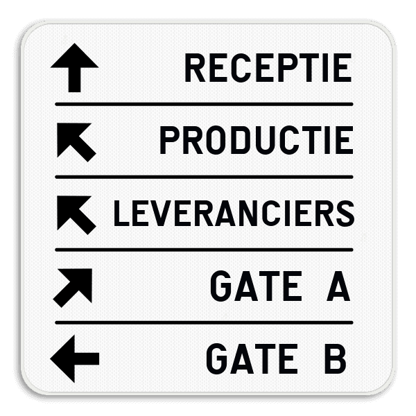 Wegwijzer bord – 5 tekstregels & pijlen linkerkant