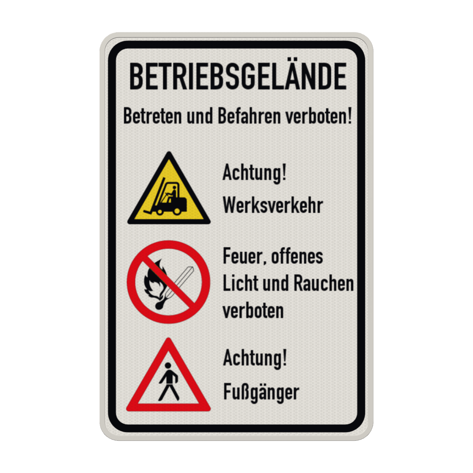 Schild Betriebsgelände Achtung Werksverkehr, Fußgänger + Rauchen verboten