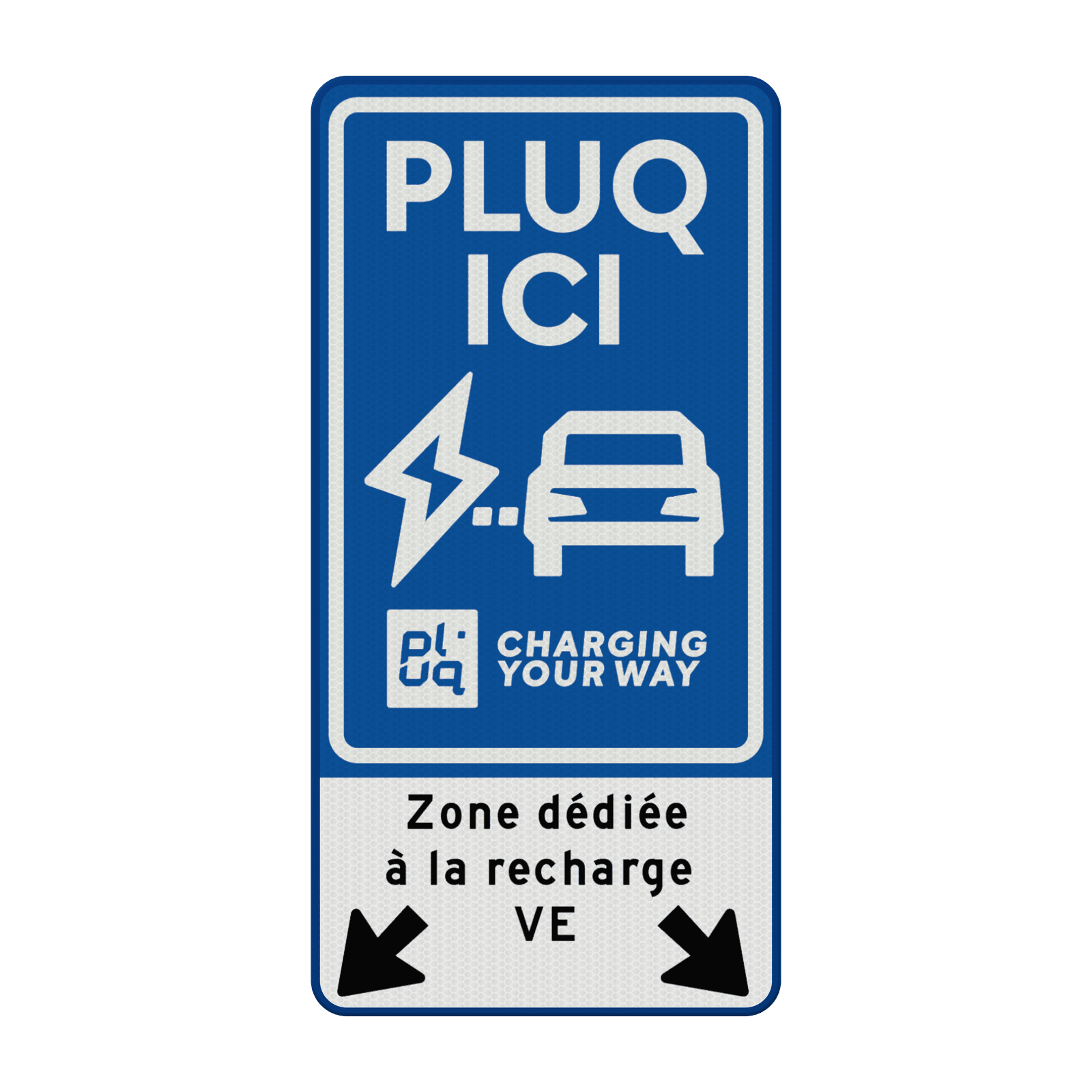 Verkeersbord oplaadpunt met tekst en pijlen - huisstijl Pluq - reflecterend (FR)