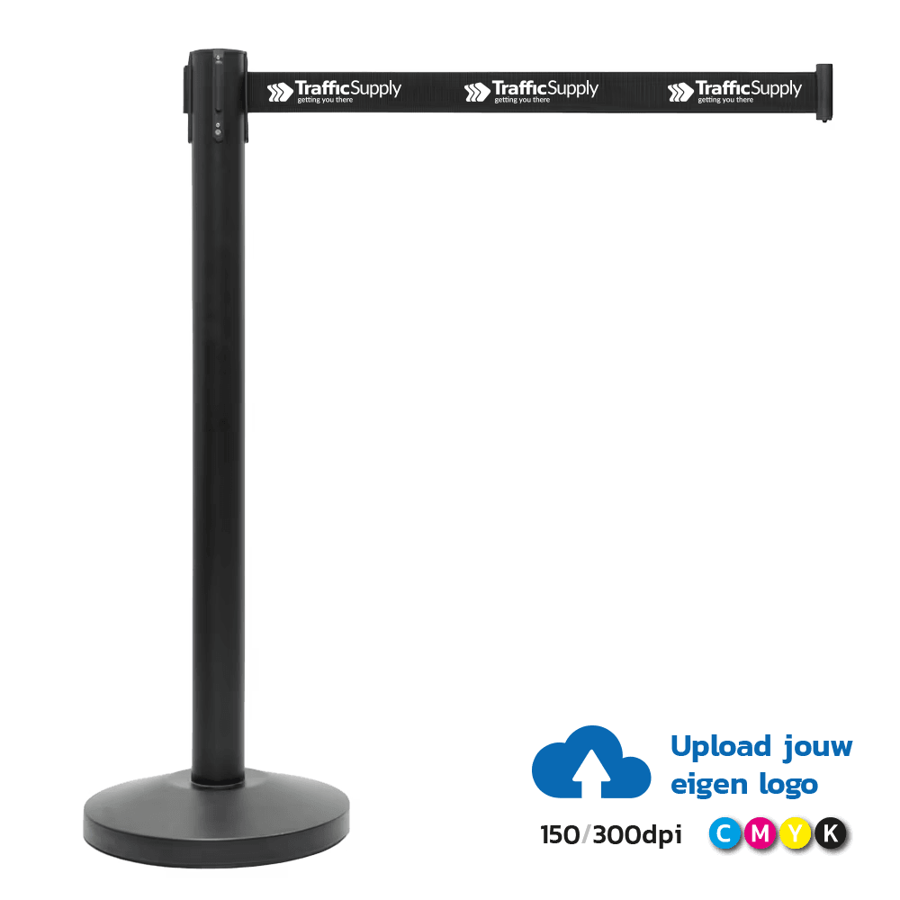Poteau de balisage noir mat avec sangle rétractable noire – 2 mètres