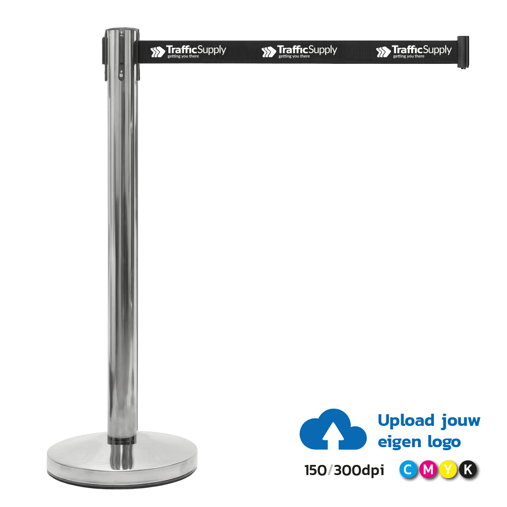 Poteau à sangle rétractable chromé avec ruban noir 2 m