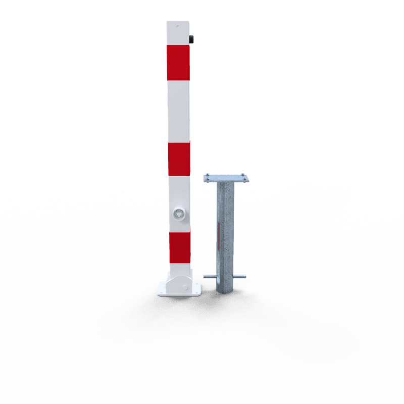 Poteau de parking rabattable - 70x70mm - rouge/blanc - avec manchon de sol