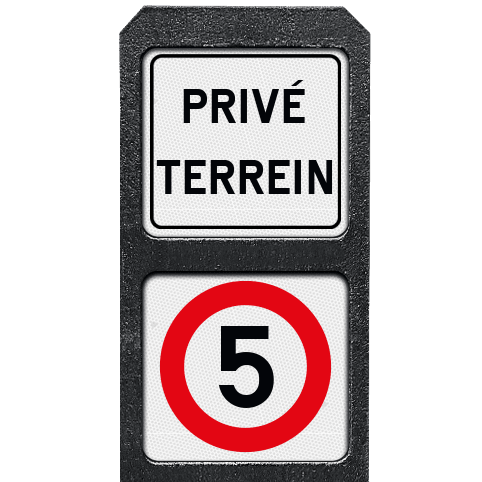 Bermpaal kunststof met twee bordjes priveterrein + stapvoets rijden - reflecterend