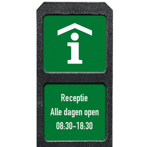 Verzwaarde bermpaal met twee bordjes aanduiding Receptie + tekst vrij invoerbaar