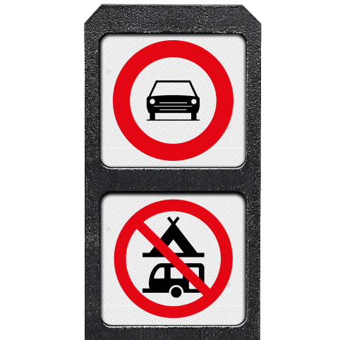 Verzwaarde bermpaal met twee bordjes met pictogram