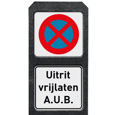 Bermpaal kunststof met twee bordjes niet parkeren + uitrit vrijlaten - reflecterend