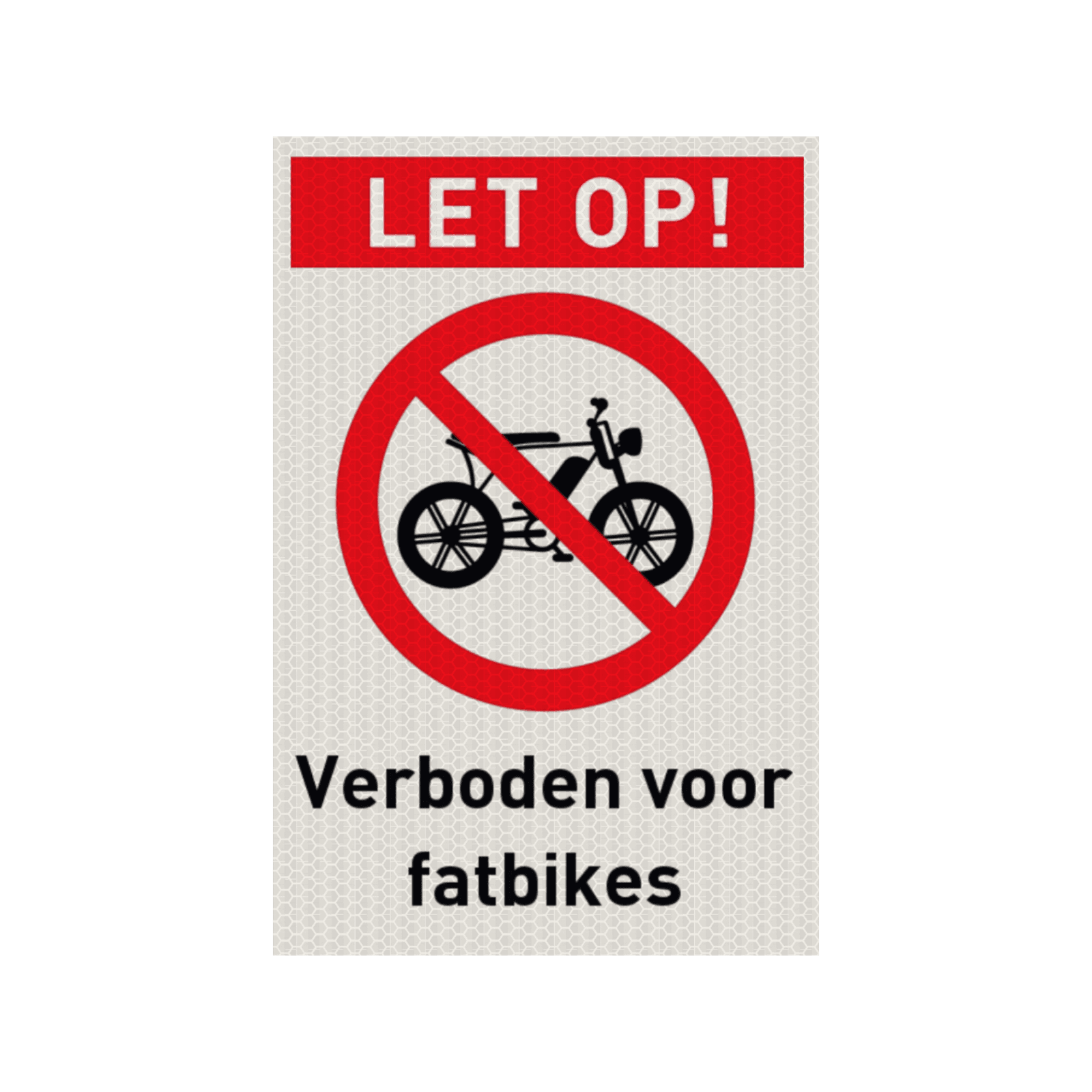 Veiligheidspictogram met tekst verboden voor fatbikes - reflecterend