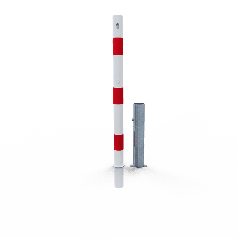 Parkeerpaal staal Ø60mm wit/rood - verwijderbaar met grondstuk en slot
