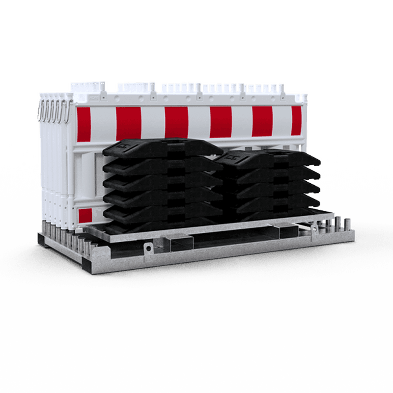 Absperrschrankengittern (10 Stück) Type NOX reflektierend rot/weiße - mit Fußplatten, Lager- und Transporttraverse
