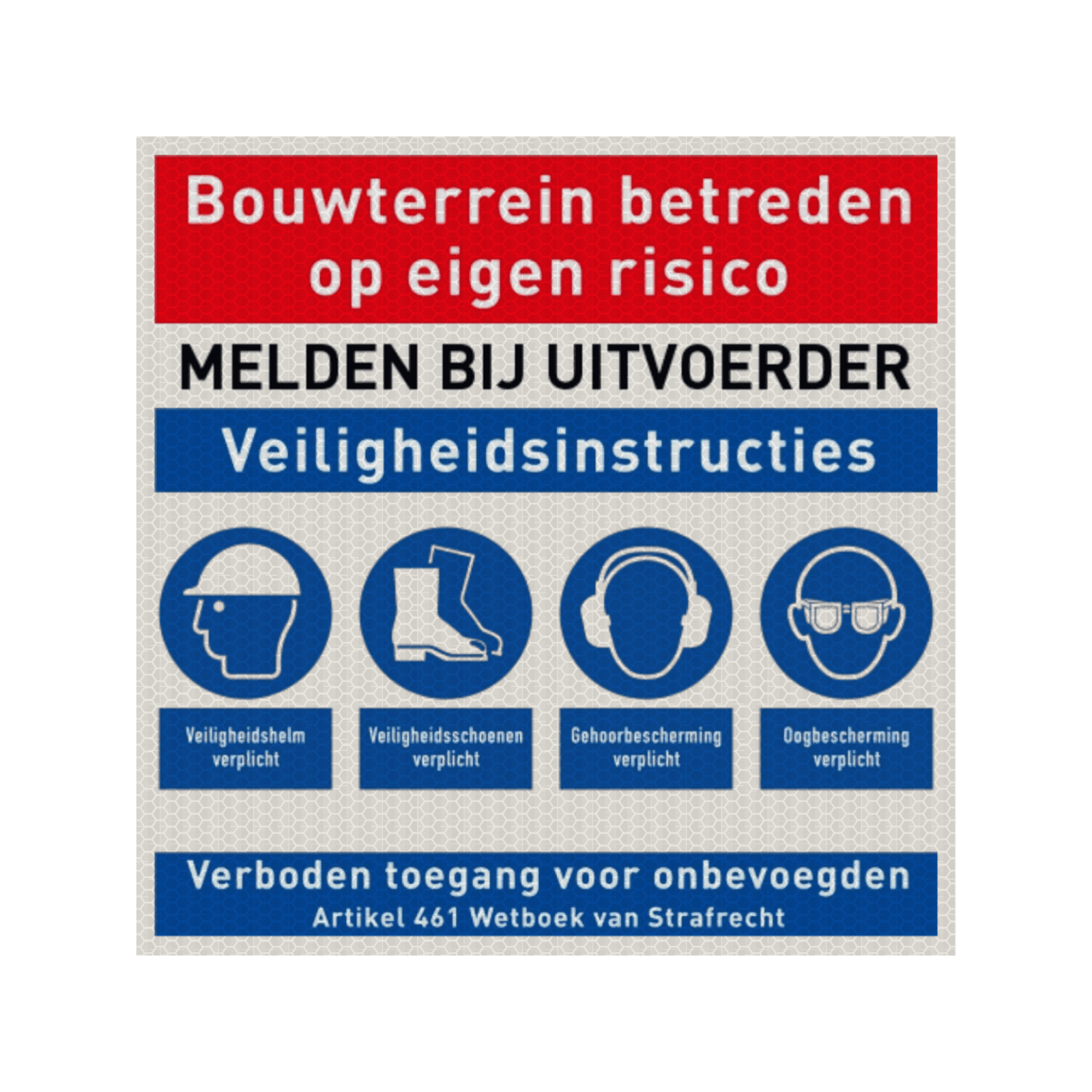 Bouwplaatsbord met PBM pictogrammen - reflecterend