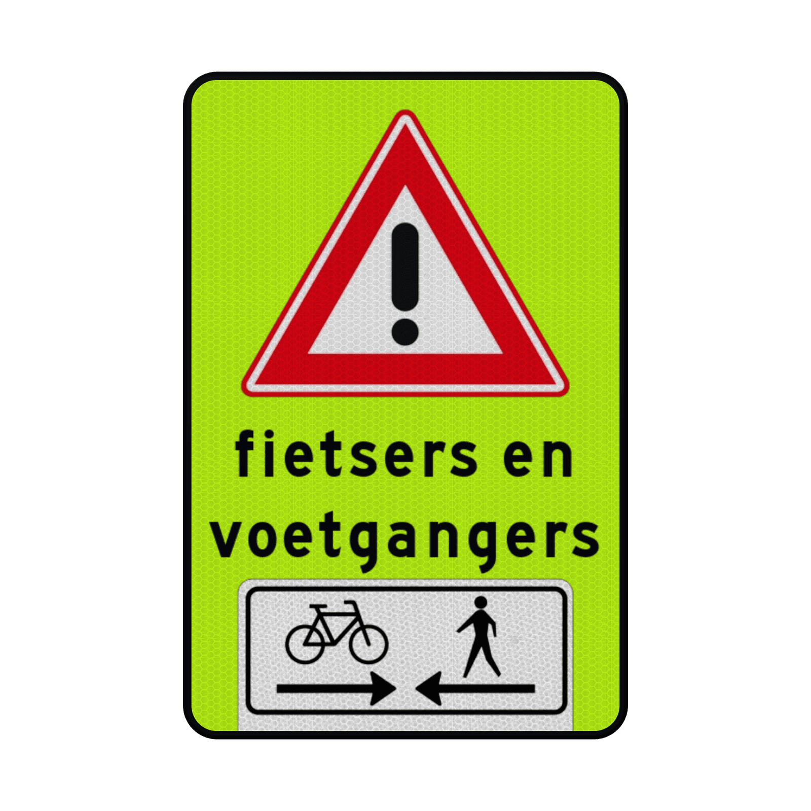 Verkeersbord RVV J37 pas op overstekende fietsers en voetgangers - reflecterend