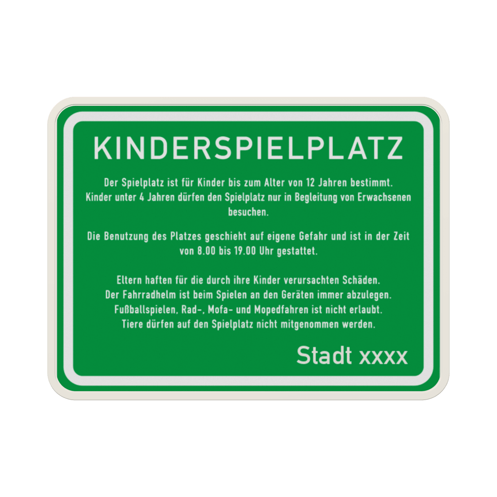 Schild Kinderspielplatz mit Stadtnamensbezeichnung - reflektierend