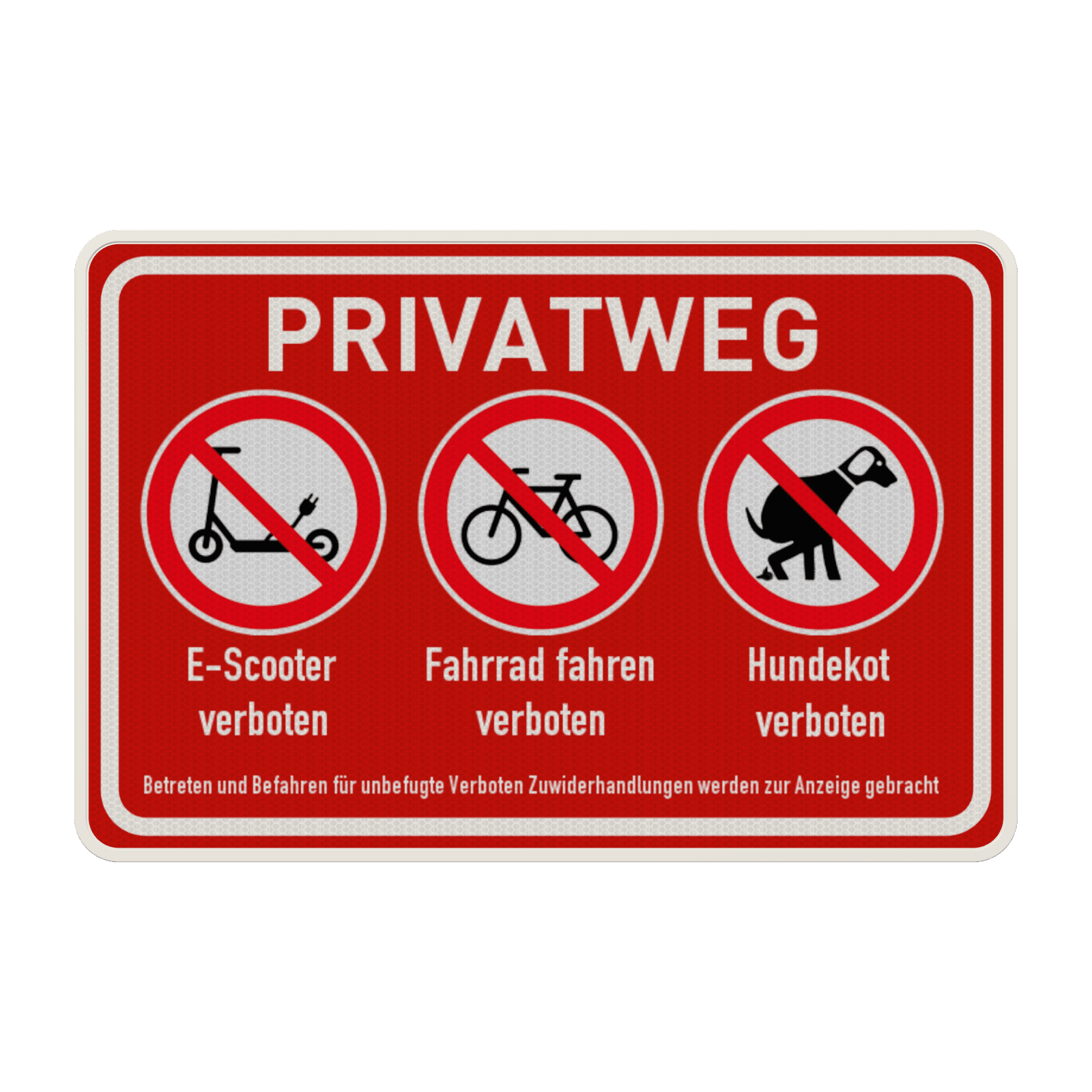 Schild Privatweg, E-Scooter, Fahrrad und Hundekot verboten - reflektierend